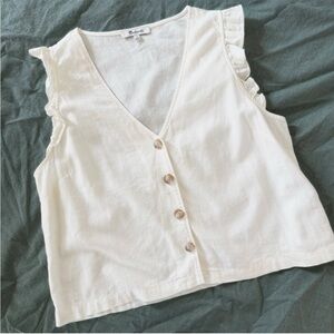 Madewell Shirt Womens 6 White Linen Blend Ruffled Button Front Sleeveless